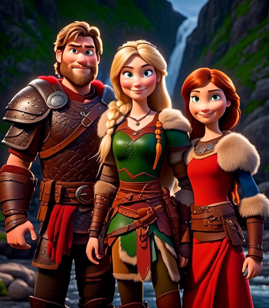 Prompt: <mymodel>CGI Animation, digital art, 20-year-old-old viking woman with light blue eyes and blonde hair standing with her older brother and younger sister, older brother has brown hair and green eyes, her younger sister has brunette hair and brown eyes, the viking woman has red clothes, blue colored armor, blonde straight hair, subtle smile, unreal engine 8k octane, 3d lighting, full armor