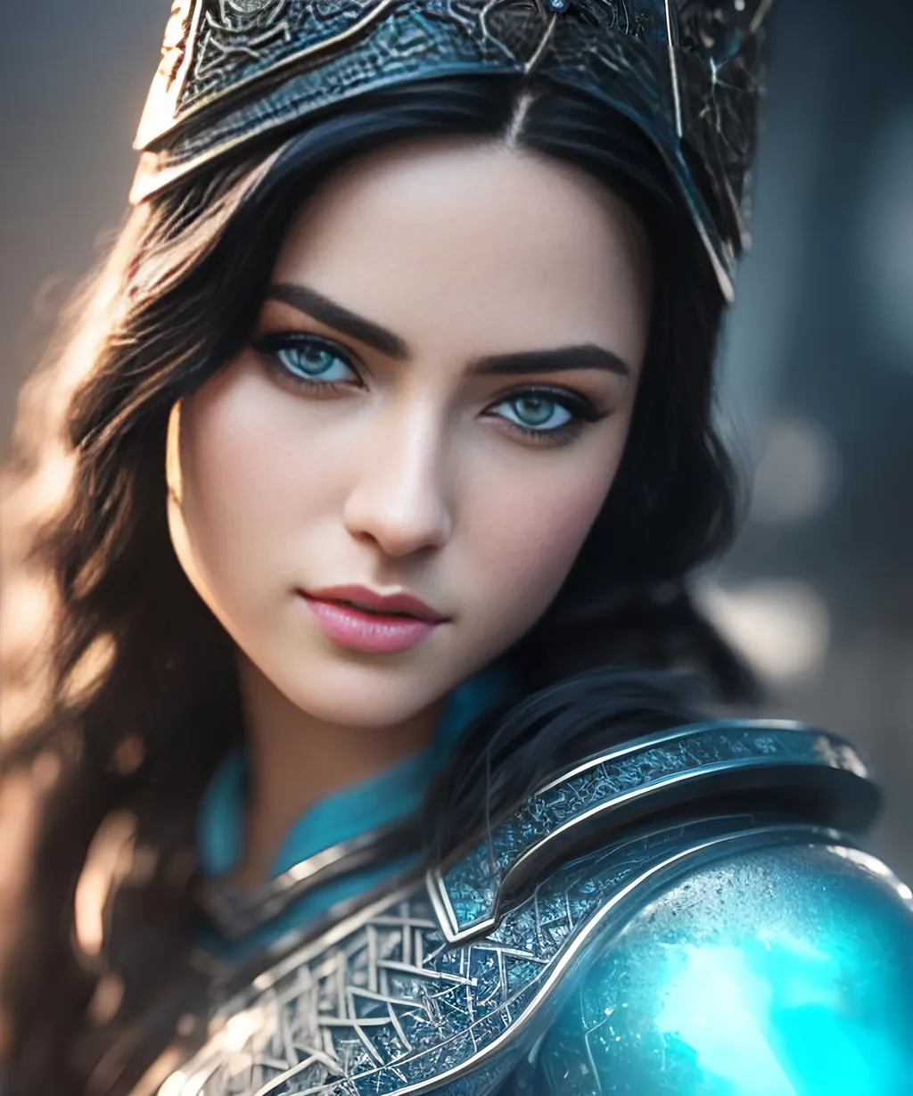 Prompt: she has black hair, create most beautiful fictional female viking princess warrior, black hair, light blue eyes, extremely detailed environment, detailed background, intricate, detailed skin, professionally color graded, photorealism, 8k, moody lighting