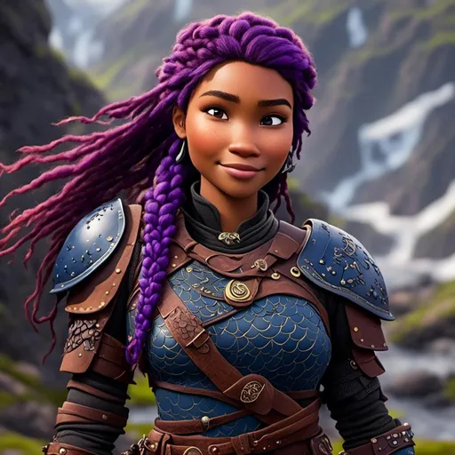 Prompt: a photo of <mymodel>, a viking female, purple hair in a single braid, age of 25-years-old