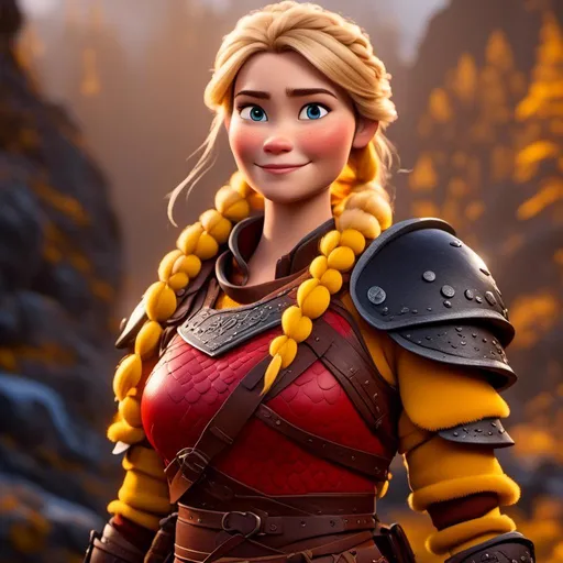 Prompt: <mymodel>CGi Animation, 20-year-old viking woman with one hair braid, subtle smile, blonde hair, blue eyes, blue gear, yellow armor, red clothes, yellow textures and highlights, unreal engine 8k octane, 3d lighting, full body, full armor