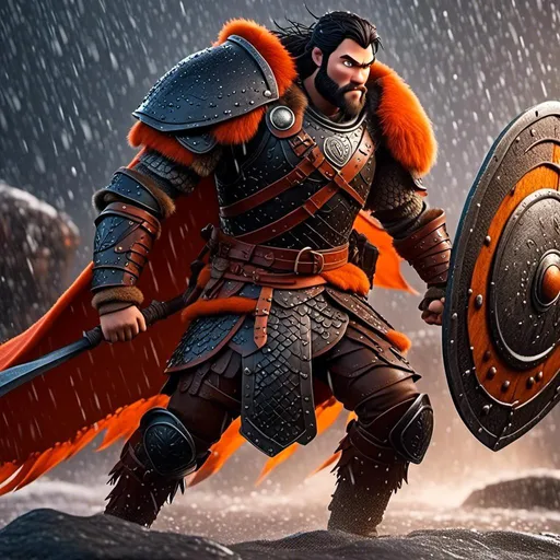 Prompt: <mymodel>Animated CGI style of a fierce Viking male about 25 years old, black hair, detailed facial features, leather armor {{((red))}} and orange armor, battle axe and shield, standing in the rain, intense and determined expression, dynamic and powerful pose, CGI, fierce male, Nordic designs, battle-ready, dynamic pose, professional lighting