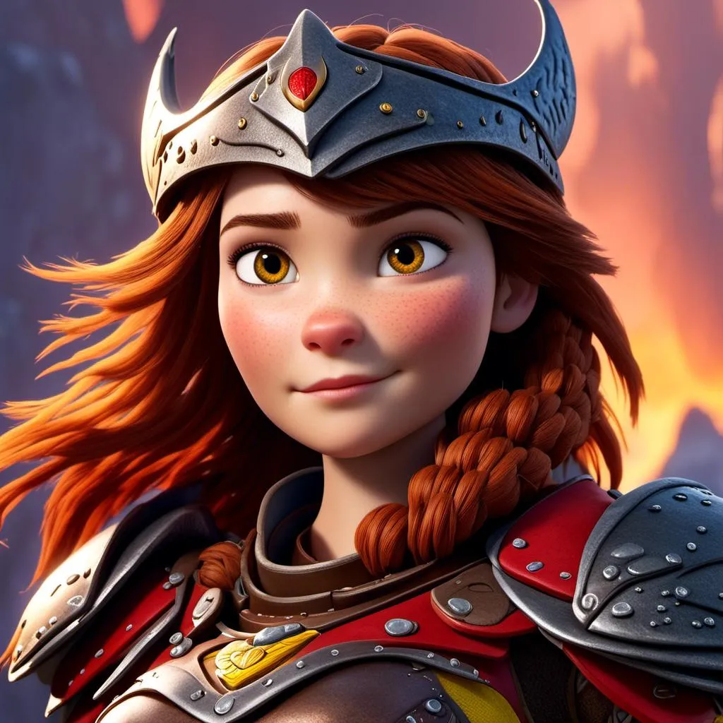 Prompt: <mymodel>CGI Animation of a viking female, brown hair, hazel eyes, bright red gear and armor, yellow highlights and textures, intricate details, high quality, digital painting, cool tones, dramatic lighting