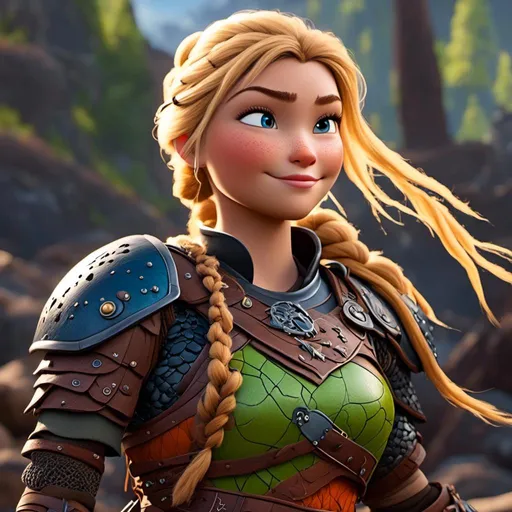 Prompt: <mymodel>CGI Animation of female viking, blonde hair with a single braid laying down her back, blue eyes, bright orange and green armor, yellow highlights dor gear and textures, full light body armor, standing in a viking village, intricate details, high quality, digital painting, cool tones, dramatic lighting