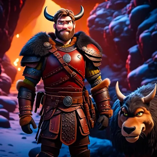 Prompt: <mymodel>Animated CGI style, male viking with a helmet, bright colored armor and gear, standing in a dimily lit cave, realistic textures, high quality, vibrant color palette, atmospheric lighting