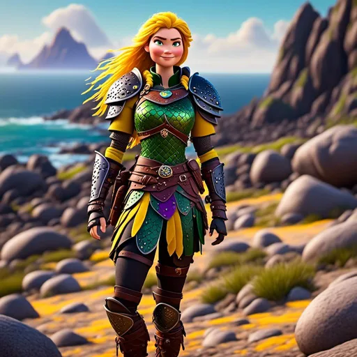 Prompt: <mymodel>CGi Animation, 25-year-old viking woman warrior with yellow eyes, a hot summer day at the beach, the viking woman has a subtle smile, hazel color hair, she has green gear, purple armor with bursts of gold textured splotches, black pants, black boots