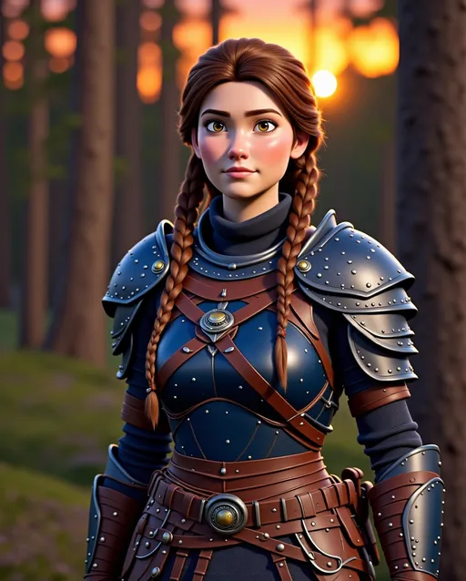 Prompt: Digital art, 18-year-old viking woman, blue gear, blue clothes, dark blue armor, brunette hair, two braids laying down her back, dark brown eyes, unreal engine 8k octane, standing in a forest at sunset, 3d lighting, full body, full armor