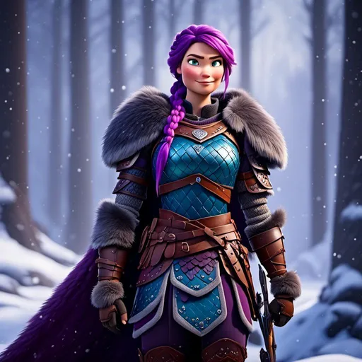 Prompt: <mymodel>a female viking warrior with purple hair standing in a snowy forest, light blue eyes, single braid down shoulder, purple armor, subtle smile, full body, cool tones, dramatic lighting, simple details