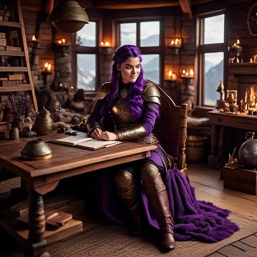 Prompt: Photo of <mymodel> with no armor casually relaxing sitting at a desk in her viking house