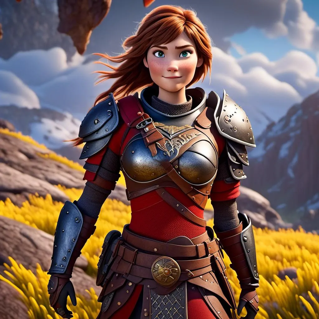 Prompt: <mymodel>CGI Animation of a viking female, brown hair, hazel eyes, bright red gear and armor, yellow highlights and textures, intricate details, high quality, digital painting, cool tones, dramatic lighting