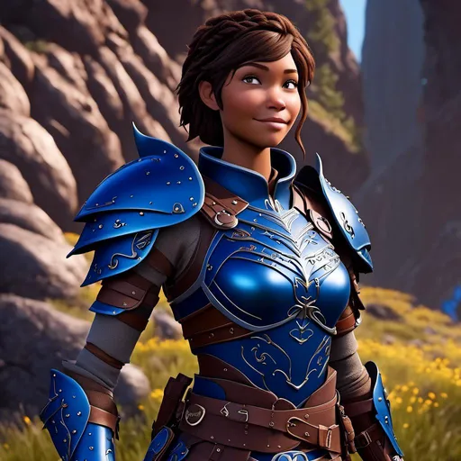 Prompt: <mymodel>Digital art, 18-year-old viking caucasian woman, subtle smile, cobalt blue gear, cobalt blue armor, brunette hair, two braids, dark brown eyes, unreal engine 8k octane, 3d lighting, full body, full armor