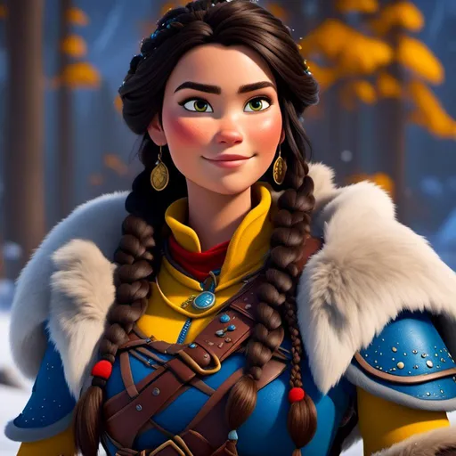 Prompt: <mymodel>CGI Animation, close-up portrait of the face, 20-year-old-old pirate viking woman sitting on a snow bank, a snowy scene, {{yellow gear, blue armor}}, black hair, an updo style of hair pulled back into a braid, subtle smile, beads hair, small red earrings, multiple braids, yellow gear, straight hair, green eyes, bracelets, rings on fingers, mercenary gear, unreal engine 8k octane, 3d lighting, close up camera shot on the face, full armor