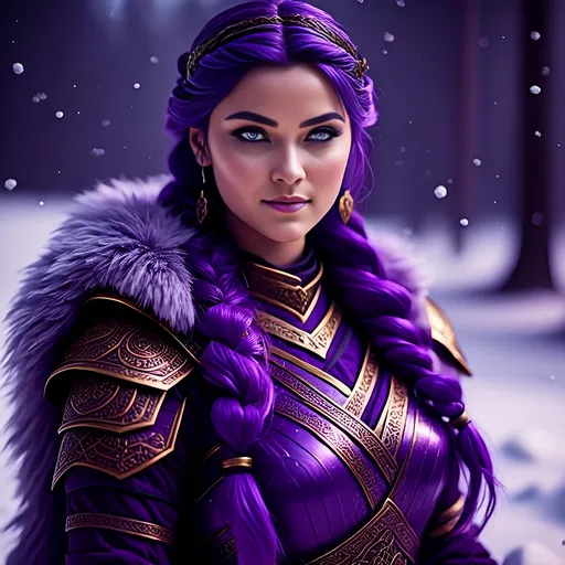 Prompt: A photo of <mymodel> with a heavy purple fur tunic in the snow, ((she has a single hair braid down her shoulder))