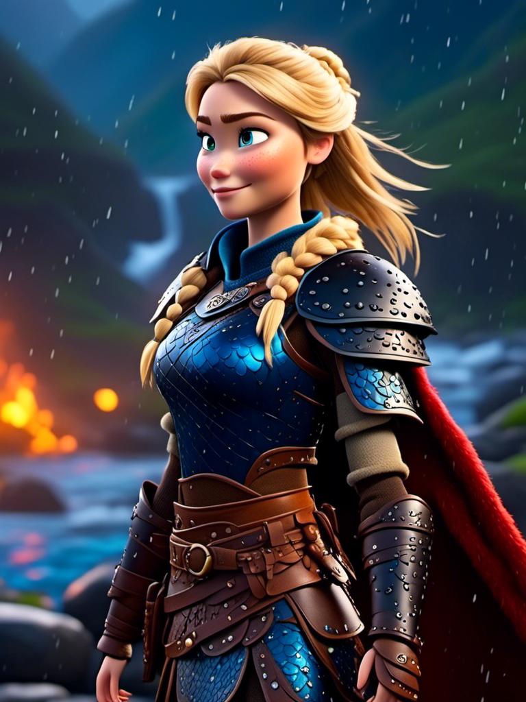 Prompt: <mymodel>CGi Animation, 20-year-old viking woman with blue eyes, ((she is wearing a royal tiara)), a rainy scene, the viking woman has a subtle smile with it pouring down rain, blonde hair in a ponytail style, she has blue gear, gold armor, black pants, black boots