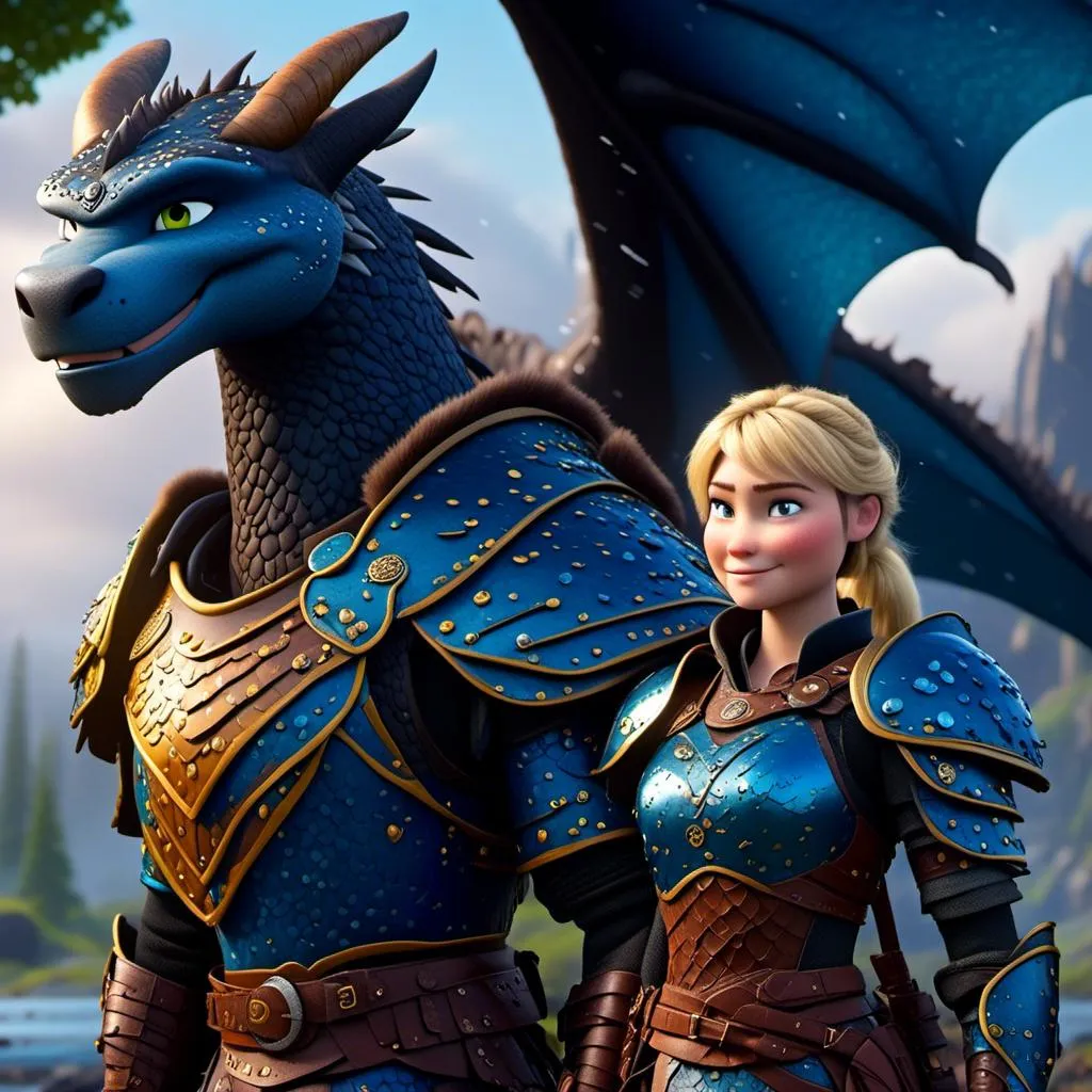 Prompt: <mymodel>CGi Animation, 20-year-old viking woman with blue eyes, a rainy scene, she is standing next to a bright blue dragon with gold highlights, they are both in the rain, the viking woman has a subtle smile, blonde hair in a ponytail style, she has blue gear, gold armor, black pants, black boots