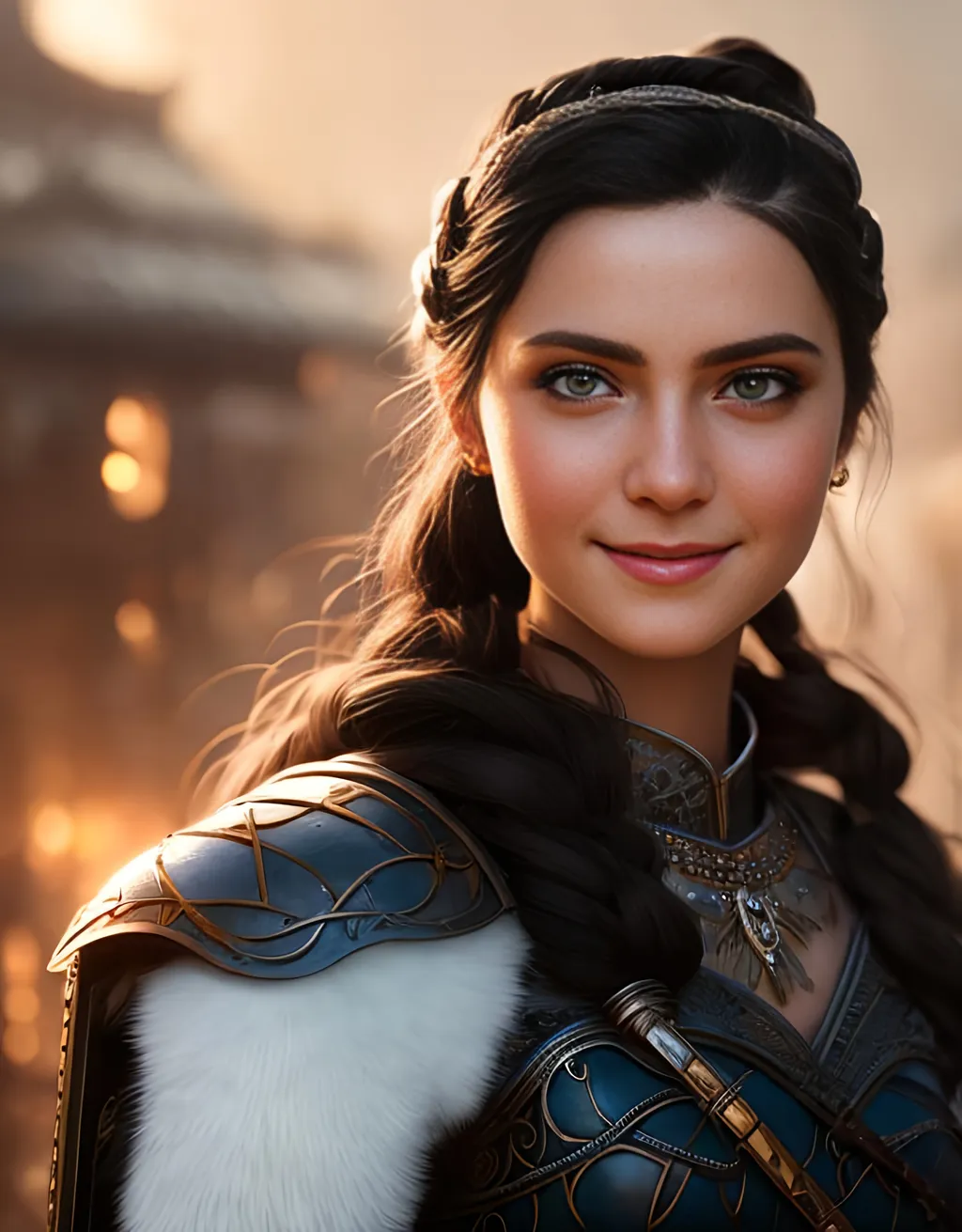 Prompt: she has black hair, create most beautiful fictional female princess viking warrior, hopeful smile, black hair, light blue eyes, extremely detailed environment, detailed background, intricate, detailed skin, professionally color graded, photorealism, 8k, moody lighting