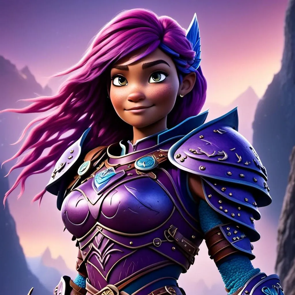 Prompt: <mymodel>CGI Animation of a caucasian viking female, purple hair, blue and purple gear and armor, intricate details, high quality, digital painting, cool tones, dramatic lighting