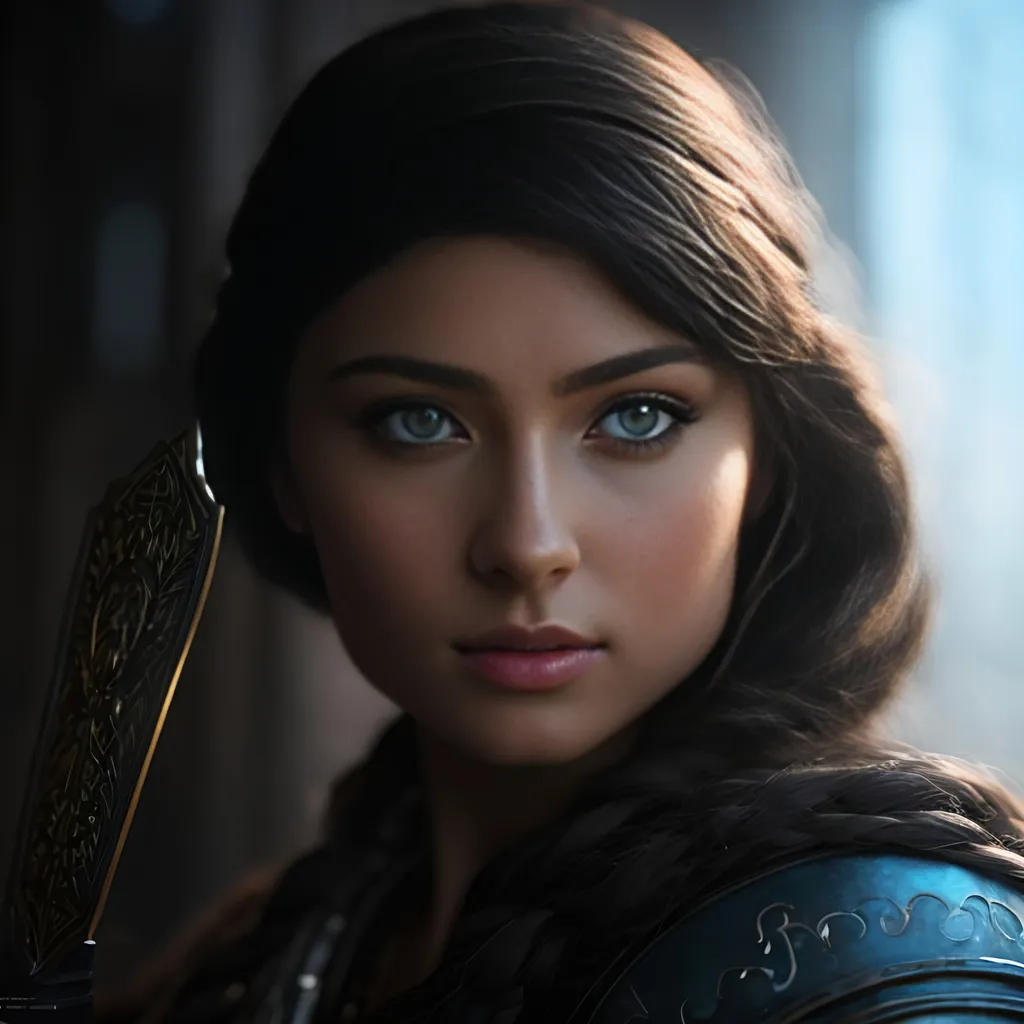 Prompt: she has black hair, create most beautiful fictional female viking princess warrior, black hair, light blue eyes, extremely detailed environment, detailed background, intricate, detailed skin, professionally color graded, photorealism, 8k, moody lighting