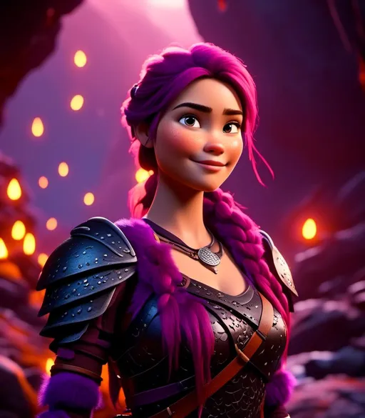 Prompt: <mymodel>CGI Animation, digital art, 20-year-old-old viking woman with light blue eyes, in a cave with dim torches, she is of royalty standing, {{black gear, purple armor}}, purple hair, single braid down her shoulder with a tiara, subtle smile, unreal engine 8k octane, 3d lighting, close up camera shot on the face, full armor