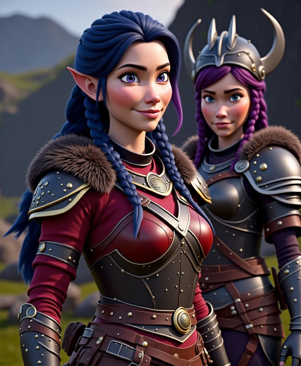 Prompt: <mymodel>CGI Animation, digital art, 20-year-old-old viking woman with violet eyes, Dark red Long sleeve shirt, skirt with dragon teeth on it, wears the snow wraith hood, ((dark dark blue hair with teal, pink and purple streaks)), fighting against another viking warrior in a sword battle with Annabeth who has purple hair with black and gold armor in the training ring, subtle smile, unreal engine 8k octane, 3d lighting, close up camera shot on the face, full armor