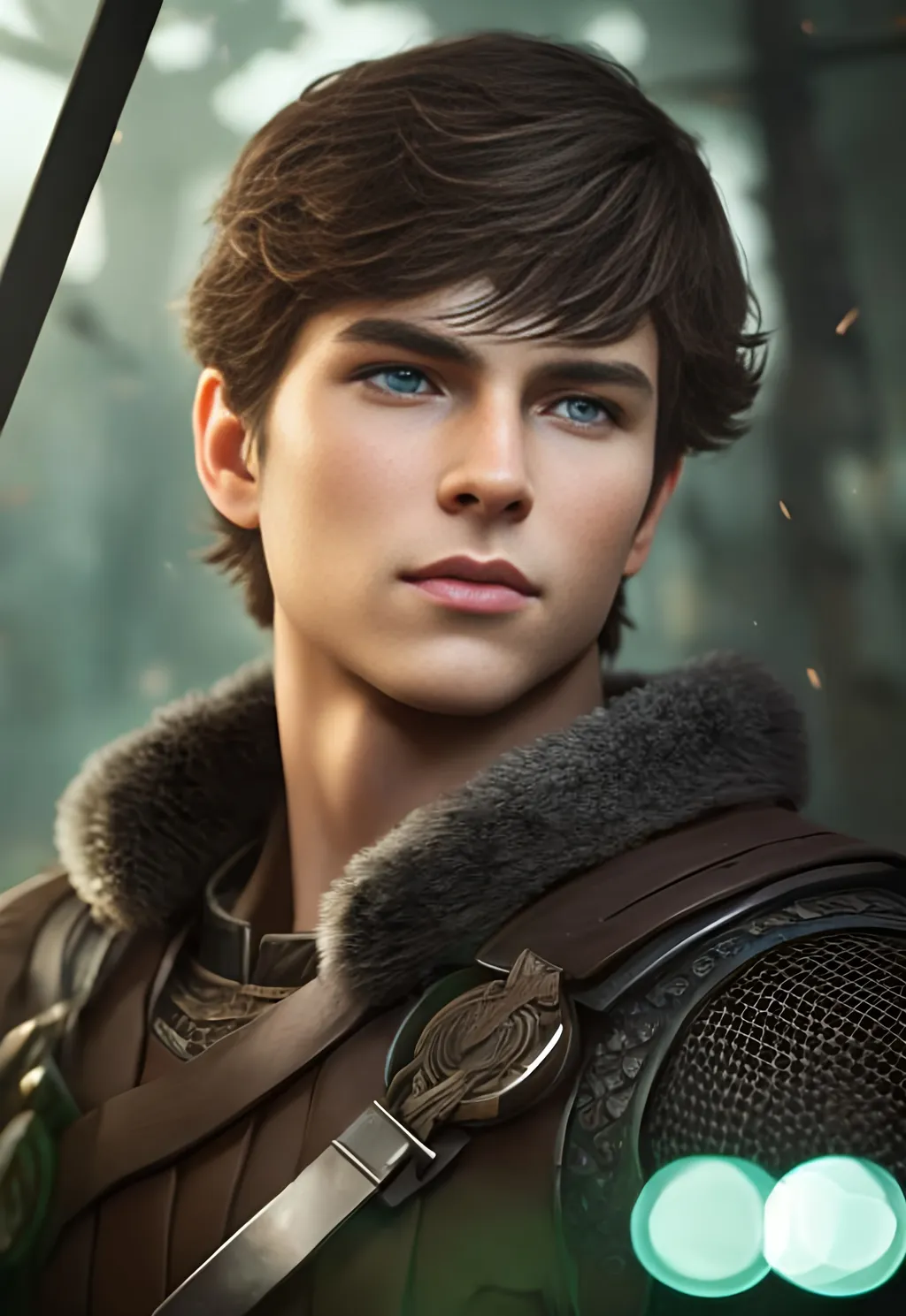 Prompt: he has short brown hair, create most handsome fit fictional male prince viking warrior, short brown hair, light green eyes, extremely detailed environment, detailed background, intricate, detailed skin, professionally color graded, photorealism, 16k, moody lighting