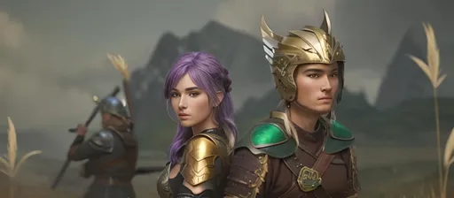 Prompt: create a female and male viking warriors, the female has purple hair and is holding and axe, her gear is black and silver.

The male has short brown hair with a gold helmet and holds a sword, his gear is shades of green with brown leather

They are in a grassy field