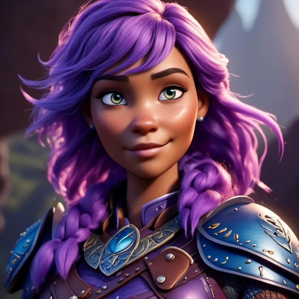 Prompt: <mymodel>CGI Animation of a caucasian viking female, purple hair, blue and purple gear and armor, intricate details, high quality, digital painting, cool tones, dramatic lighting