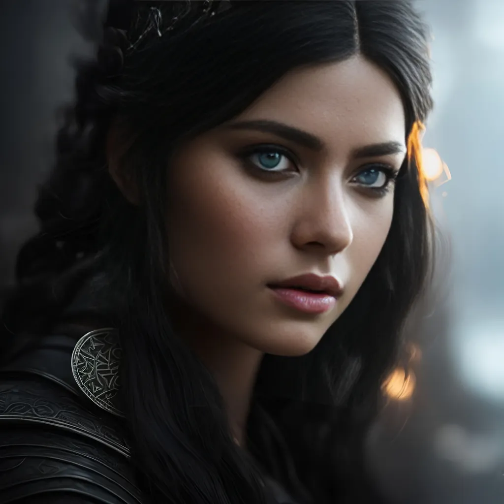 Prompt: she has black hair, create most beautiful fictional female viking princess warrior, black hair, light blue eyes, extremely detailed environment, detailed background, intricate, detailed skin, professionally color graded, photorealism, 8k, moody lighting