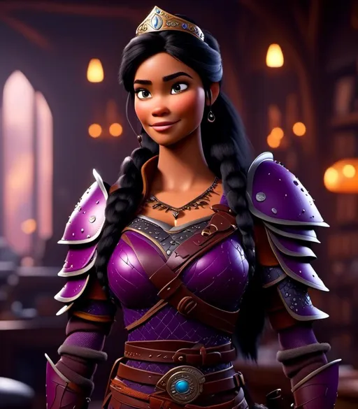 Prompt: <mymodel>CGI Animation, digital art, 20-year-old-old viking woman with light blue eyes, she is standing in her library, she is of royalty, {{black gear, purple armor}}, black hair with purple strands, single braid down her shoulder with a tiara, subtle smile, unreal engine 8k octane, 3d lighting, close up camera shot on the face, full armor