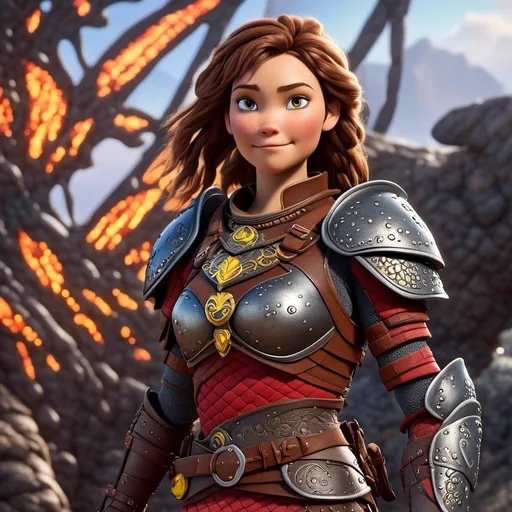 Prompt: <mymodel>CGI Animation of a viking female, brown hair with some braids, hazel eyes, bright red gear and armor, yellow highlights and textures, dragon scale textures and armor, intricate details, high quality, digital painting, cool tones, dramatic lighting