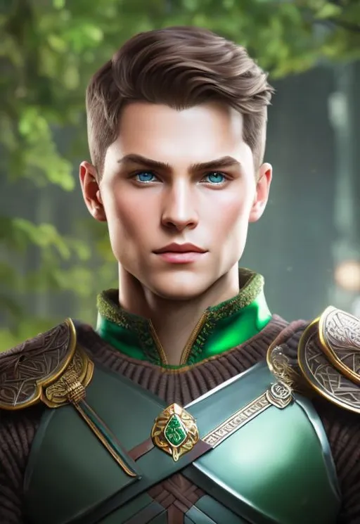 Prompt: he has short brown hair, create most handsome fit fictional male prince viking warrior, short brown hair, light green eyes, extremely detailed environment, detailed background, intricate, detailed skin, professionally color graded, photorealism, 16k, moody lighting