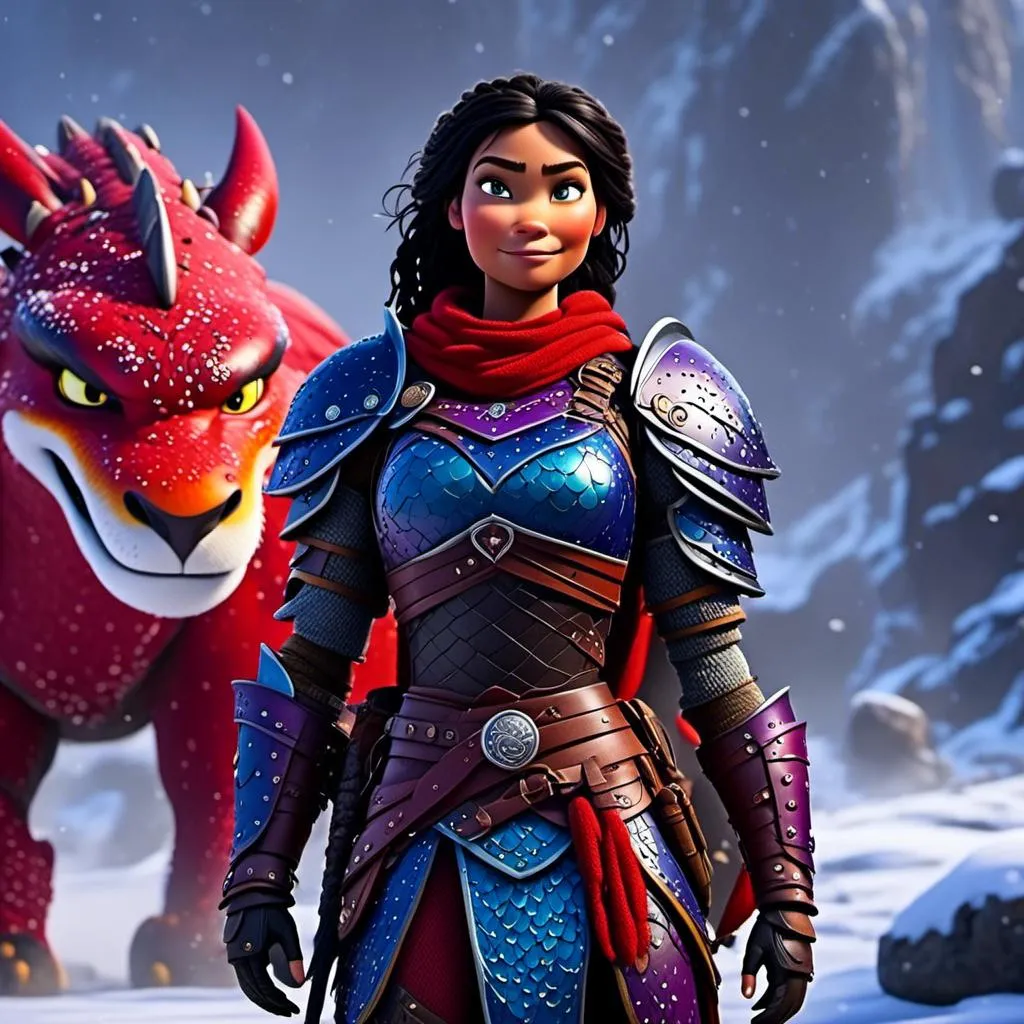 Prompt: <mymodel>CGi Animation, 20-year-old viking woman warrior with blue eyes, a snowy scene, the viking woman has a subtle smile, black hair, she has red gear, yellow armor with bursts of purple splotches, black pants, black boots, she is standing next to a bright red dragon with purple highlights, they are both in the rain