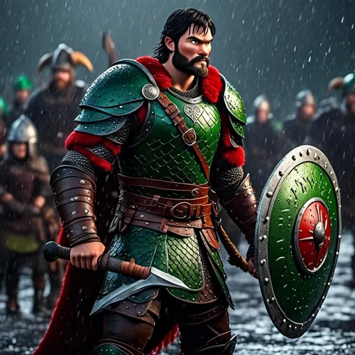 Prompt: <mymodel>Animated CGI style of a fierce Viking male about 25 years old, black hair, detailed facial features, leather armor {{((red))}} and green armor, battle axe and shield, standing in the rain, intense and determined expression, dynamic and powerful pose, high definition, CGI, detailed armor, fierce female, Nordic designs, battle-ready, dynamic pose, professional lighting