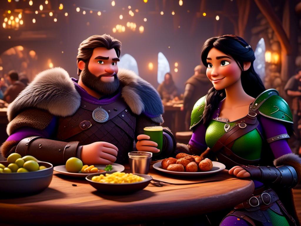 Prompt: <mymodel>CGI Animation, digital art, 20-year-old-old viking woman of royalty standing a busy tavern having a meal with her husband Jarl, {{the woman has purple armor}}, black hair, straight hair with a tiara, subtle smile, Jarl has green armor and brown gear, unreal engine 8k octane, 3d lighting, close up camera shot on the face, full armor