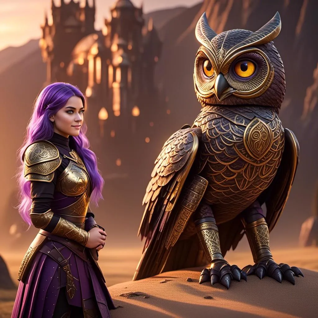 Prompt: Photo of <mymodel> standing next to her owl-like sand color stormcutter dragon from "How to Train Your Dragon"