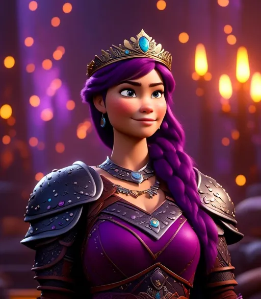 Prompt: <mymodel>CGI Animation, digital art, 20-year-old-old viking woman with light blue eyes, she is standing next to her clan's throne, she is of royalty standing, {{black gear, purple armor}}, purple hair, single braid down her shoulder with a tiara, subtle smile, unreal engine 8k octane, 3d lighting, close up camera shot on the face, full armor