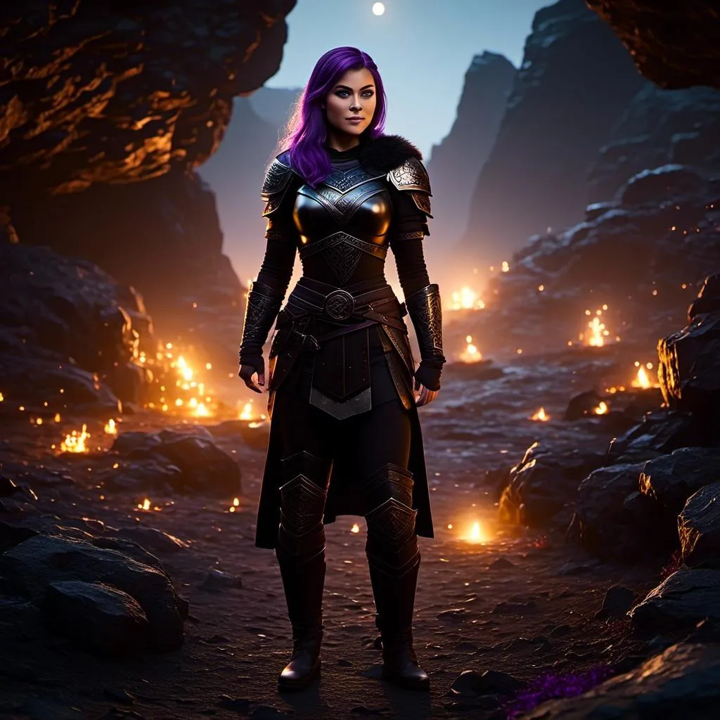 Prompt: <mymodel>25-year-old viking woman, subtle smile, light blue eyes, black gear, bright black armor, black textures and highlights, standing in the shadows of the a dark cave at night, short focus, blurry background, moonlit scene, unreal engine 8k octane, 3d lighting, full body, full armor