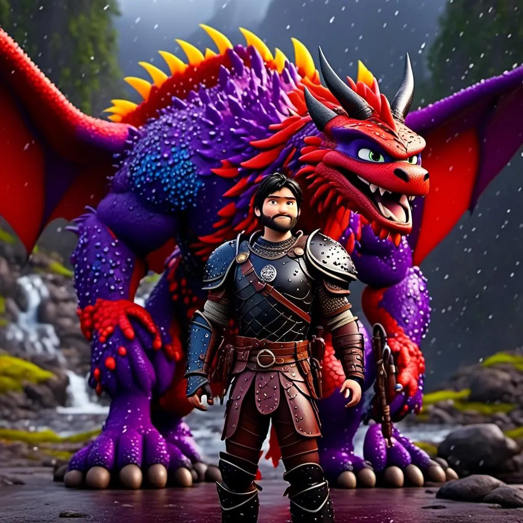 Prompt: <mymodel>CGi Animation, 20-year-old viking man with blue eyes, a rainy scene, the viking man has a subtle smile, black hair, he has red gear, yellow armor with bursts of purple splotches, black pants, black boots, he is standing next to a bright red dragon with purple highlights, they are both in the rain