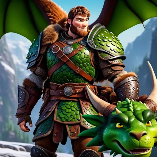 Prompt: <mymodel>Male viking warrior, thin and light muscle build, there is a large green dragon next to him, the male viking is petting his green dragon, short brown hair, green eyes, green armor, brown gear, brown pants, brown boots, historical, strong and natural lighting