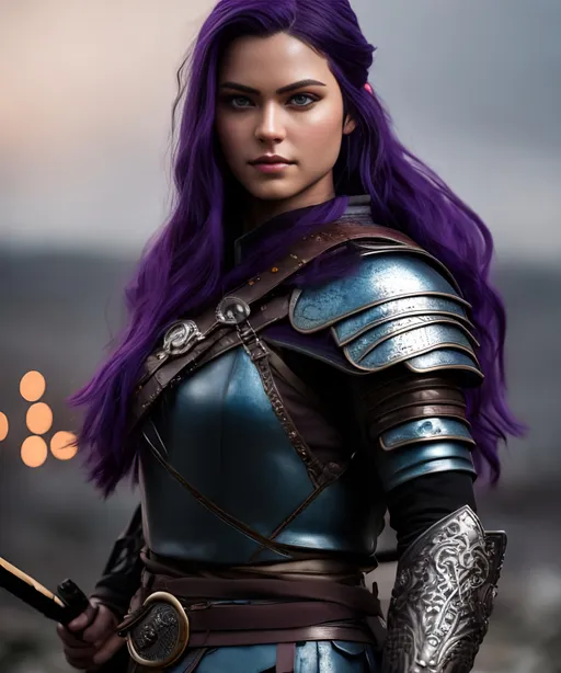 Prompt: she has dark purple hair, create most beautiful fictional female viking warrior, dark purple hair, light blue eyes, battle gear, full armor, extremely detailed environment, detailed background, intricate, detailed skin, professionally color graded, photorealism, 8k, moody lighting