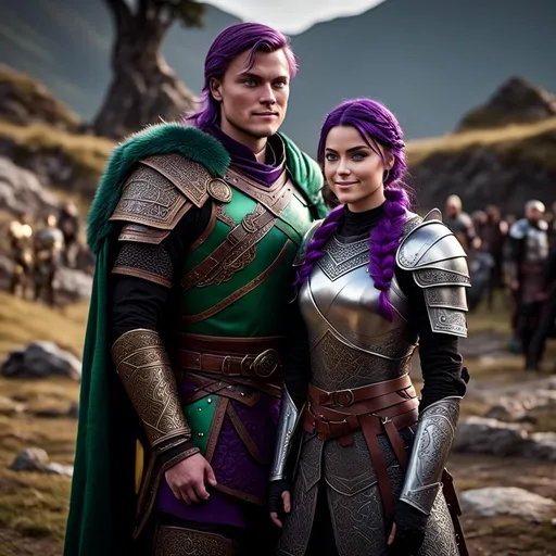 Prompt: Photo of <mymodel> standing next to her young husband Jarl Mollerson who has green gear and silver armor and ((short brown hair)), she is slightly shorter than him, Jarl Mollerson has a young looking face like hiccup