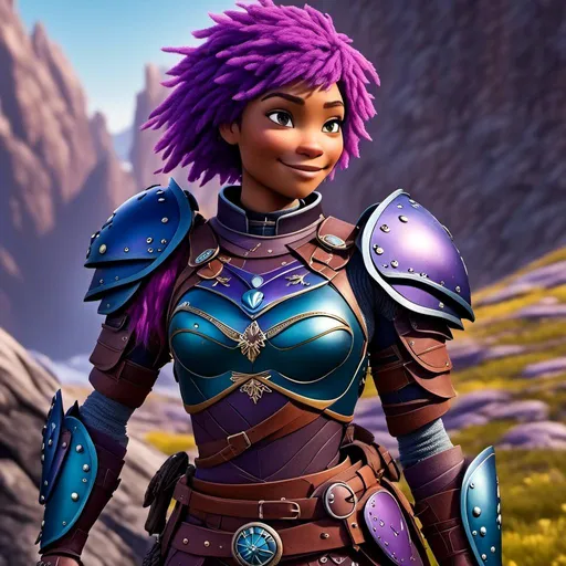 Prompt: a photo of <mymodel>, a {{{caucasian viking female}}} with purple hair and purple gear and armor with bursts of blue textures