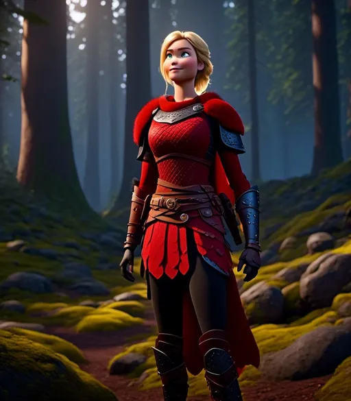 Prompt: <mymodel>CGI Animation, digital art, 20-year-old-old viking woman with light blue eyes standing in a dimly lit forest, blue clothes, red colored armor, blonde straight hair, subtle smile, unreal engine 8k octane, 3d lighting, cinematic lighting, camera shot of full armor from head to toe