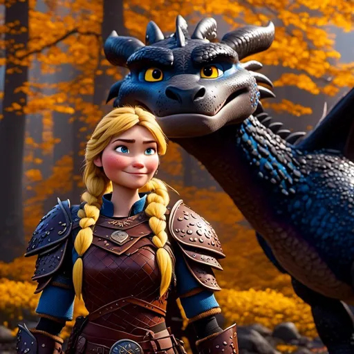 Prompt: <mymodel>CGi Animation, 20-year-old viking woman with blue eyes, a rainy scene, the viking woman has a subtle smile, blonde hair, she has blue gear, yellow armor, black pants, black boots, she is standing next to a bright blue dragon with purple highlights, unreal engine 8k octane, 3d lighting, full body, full armor