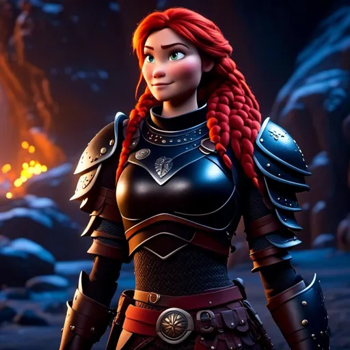 Prompt: <mymodel>CGI animation, 40-year-old woman, red hair, dreadlocks, braids, light blue eyes, black gear, black armor, standing in a shadowy cave, cinematic lighting