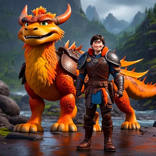 Prompt: <mymodel>CGi Animation, 20-year-old viking man with blue eyes, a rainy scene, the viking man has a subtle smile, black hair, he has orange gear, yellow armor with bursts of red splotches, black pants, black boots, he is standing next to a bright orange dragon with gold highlights, they are both in the rain