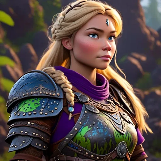 Prompt: <mymodel>CGI Animation of female viking, blonde straight hair a hairband, blue eyes, bright purple and green armor, yellow highlights dor gear and textures, full light body armor, standing in a viking village, intricate details, high quality, digital painting, cool tones, dramatic lighting