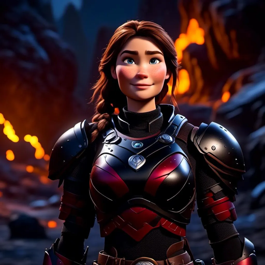 Prompt: <mymodel>25-year-old viking woman, subtle smile, light blue eyes, black gear, bright black armor, wearing an iron-man like suit of armor, black textures and highlights, standing in the shadows of the a dark cave at night, short focus, blurry background, moonlit scene, unreal engine 8k octane, 3d lighting, full body, full armor