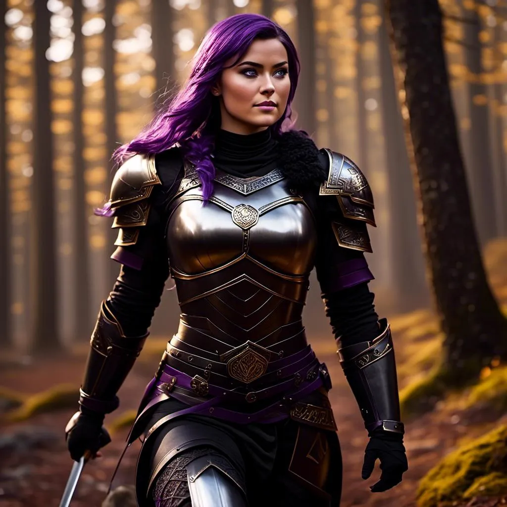 Prompt: <mymodel>25-year-old viking woman, subtle smile, light blue eyes, black gear, bright black armor, wearing an iron-man like suit of armor, black textures and highlights, fighting in the forest in an intense sword battle with Einar Verodfellar, short focus, blurry background, unreal engine 8k octane, 3d lighting, full body, full armor