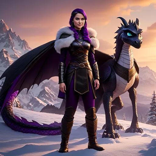 Prompt: Photo of <mymodel> standing next to her ((black)) razorwhip dragon from How to Train Your Dragon in the snow, {{she has light blue eyes}}, she is wearing a fur hood over her head, she is wearing a fur cape