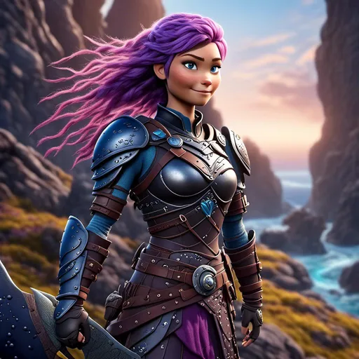 Prompt: <mymodel>CGI Animation of a viking female, purple hair in a single braid, light blue eyes, black gear and armor, intricate details, high quality, digital painting, cool tones, dramatic lighting